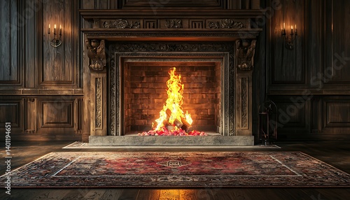 Roaring Fire in Large Traditional Fireplace with Empty Mantle, 3D Rendering for a Cozy Setting
