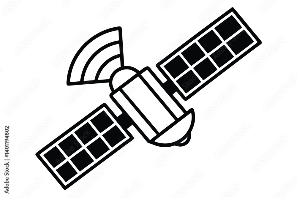 Black and white illustration of a satellite with solar panels and antenna Black and white illustration of a satellite with solar panels and antenna