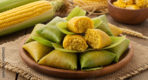 Delicious pamonha (corn paste wrapped in husks) displayed on a rustic plate, with ears of corn and straw elements in the background — stock photography style