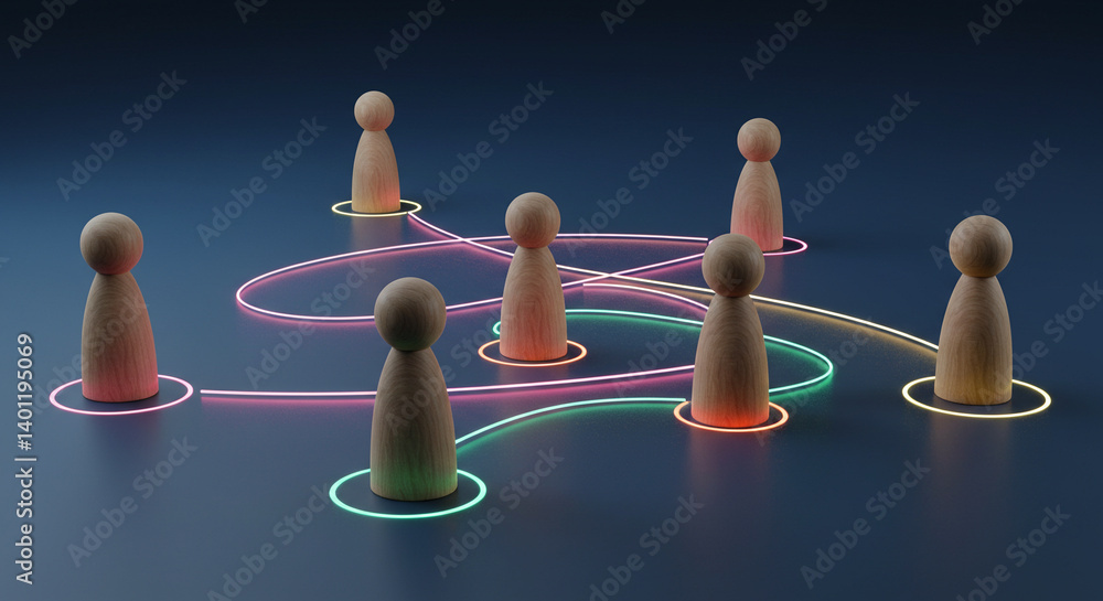 Obraz premium Connections and Network Concept with Wooden Figures and Illuminated Lines