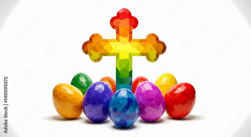 Colorful Easter Eggs with a Rainbow Cross Background