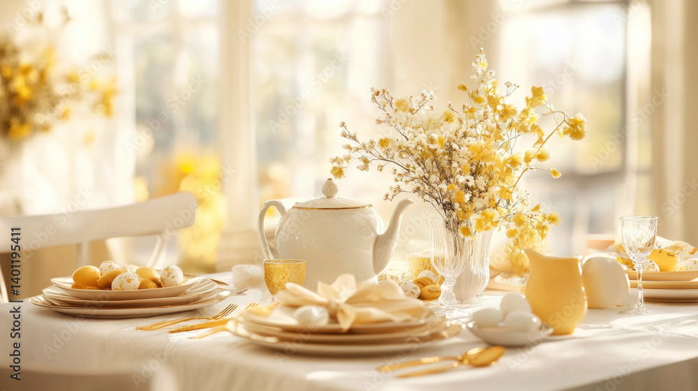 Fototapeta premium Refined festive spring interior with Easter table decorated in creamy whites and soft yellows.