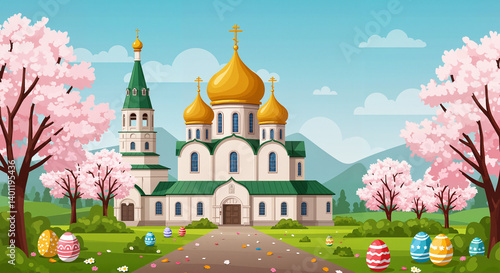 Colorful Easter eggs near a church in spring setting  