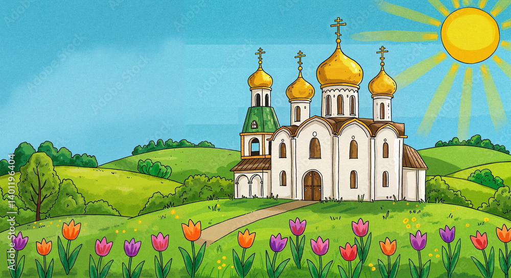 Colorful church with golden domes surrounded by blooming tulips