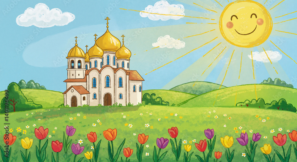Bright sun smiling over a colorful field and a golden-domed church
