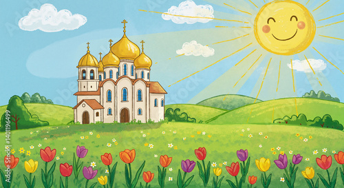 Obraz na płótnie Bright sun smiling over a colorful field and a golden-domed church w salonie