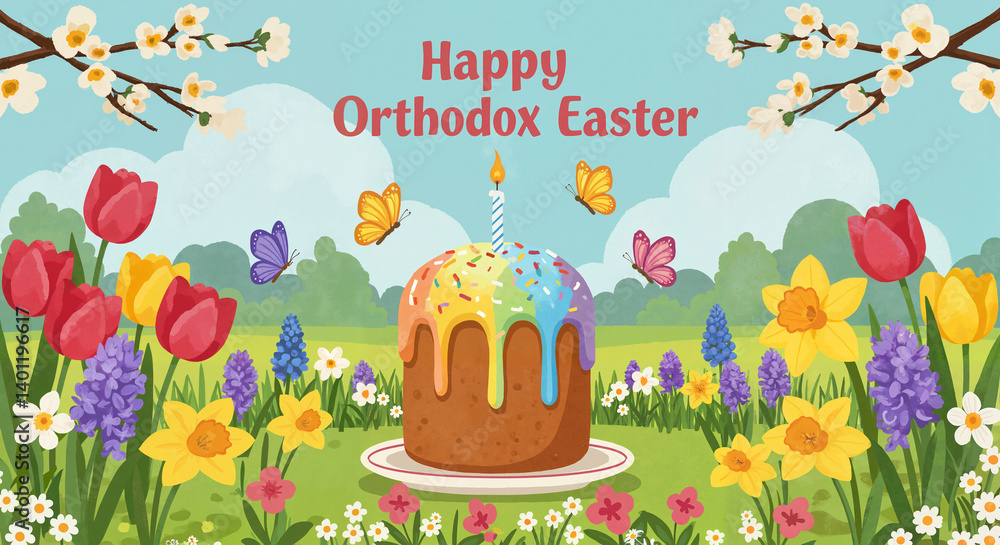 Orthodox Easter Celebration with Colorful Cake and Flowers