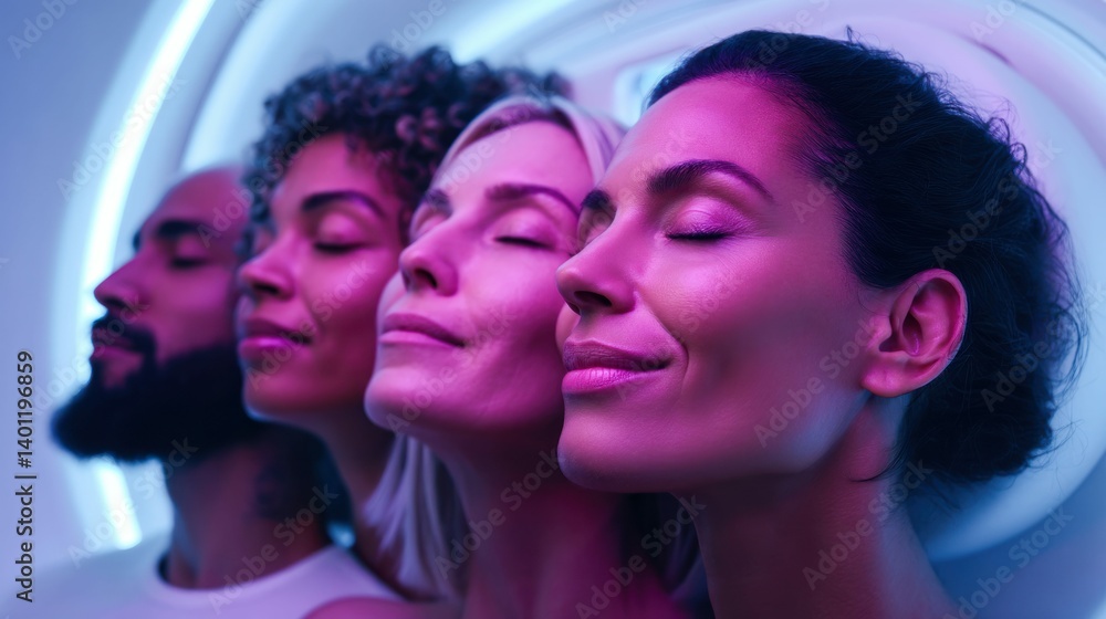 Obraz premium A diverse group enjoys a futuristic, neon-lit spa experience, showcasing tranquility and relaxation.