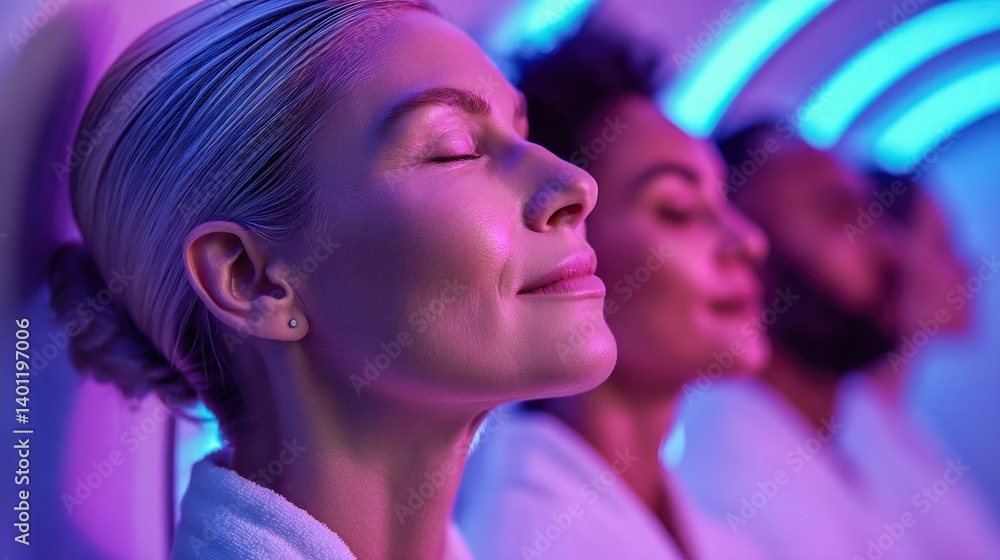 A group of people experiencing a relaxing spa treatment in a room with colorful neon lights. A group of people experiencing a relaxing spa treatment in a room with colorful neon lights.