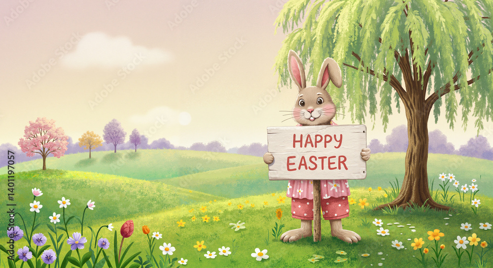 Easter Bunny holding a sign saying Happy Easter in a spring landscape