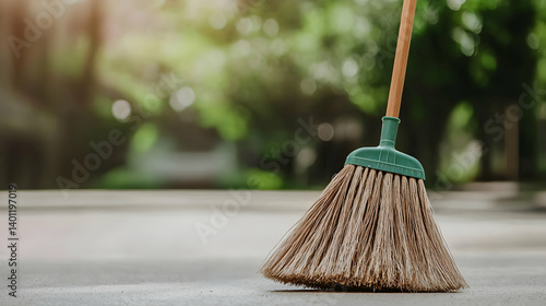 Wallpaper Mural Brown Broom On Outdoor Pavement With Green Handle Torontodigital.ca