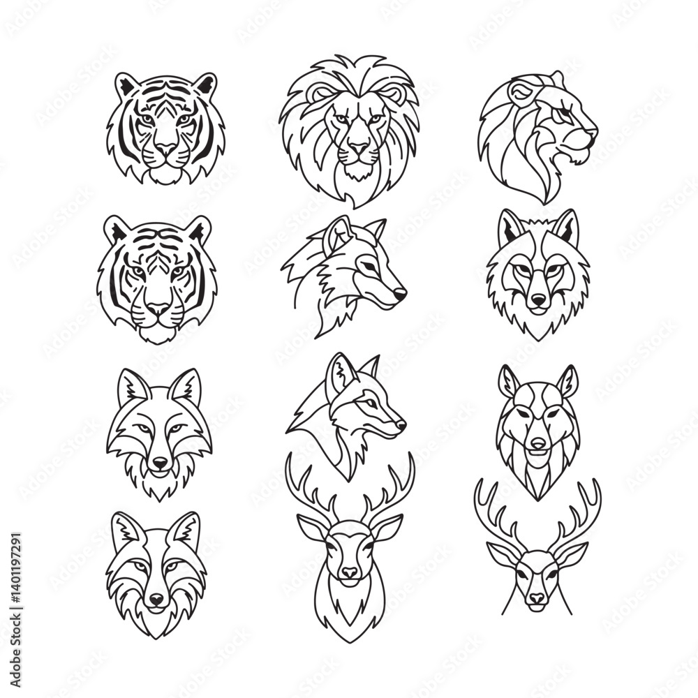 cute animal faces vector set outline design with cats dogs tiger lion wolf and deer illustrations cute animal faces vector set outline design with cats dogs tiger lion wolf and deer illustrations