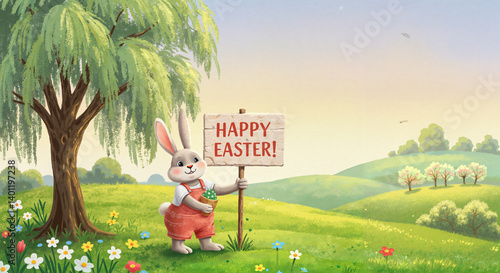 Easter Bunny Holding Sign in Lush Spring Landscape  