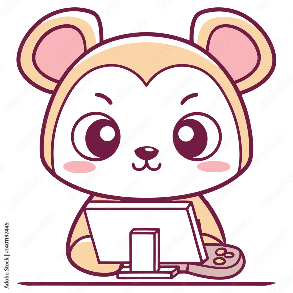 Obraz premium Kawaii Beige Bear Character Operating a Computer with Transparent Background