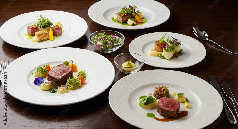 Several plates of gourmet food are arranged on a table with silverware. Several plates of gourmet food are arranged on a table with silverware.