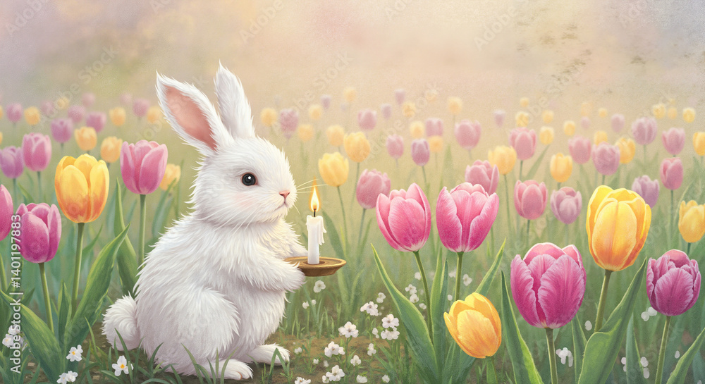 Cute bunny holding a candle in a colorful tulip field