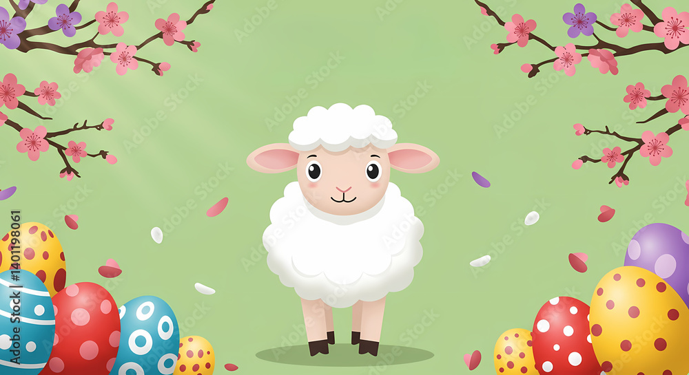 Cute sheep celebrating Easter with colorful eggs and flowers