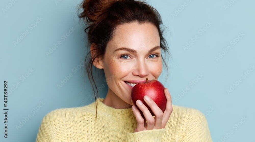 A beautiful woman with a joyful smile biting into a fresh, red apple against a blue backdrop. A beautiful woman with a joyful smile biting into a fresh, red apple against a blue backdrop.