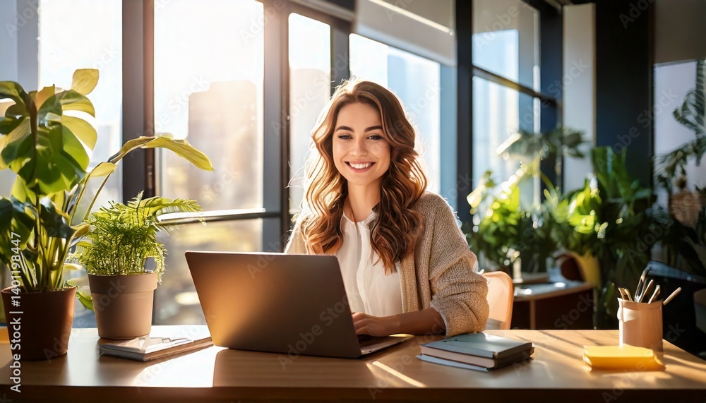 Young woman working in a sunlit modern office Young woman working in a sunlit modern office