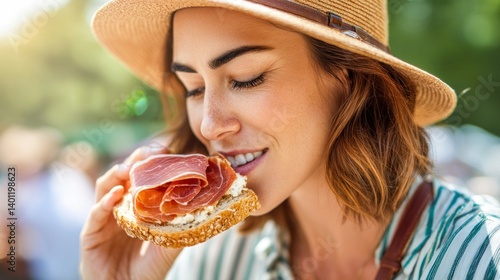 Obraz na płótnie A woman wearing a straw hat takes a bite of a prosciutto sandwich outdoors, enjoying the flavour. w salonie