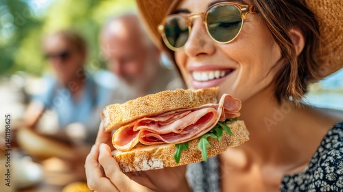 A woman happily eats a ham sandwich while enjoying a sunny day with friends outdoors.