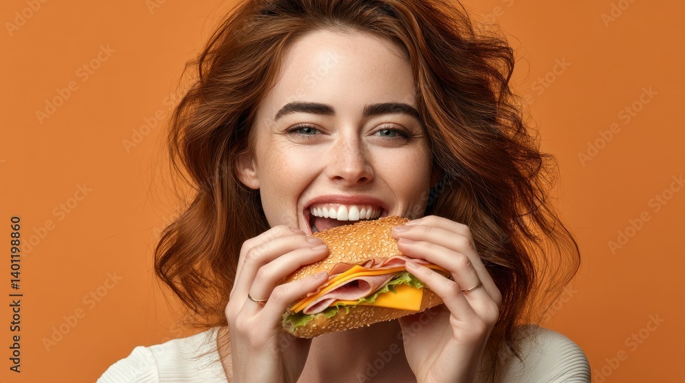A cheerful redhead woman enjoys a big sandwich, smiling broadly, with a warm orange backdrop. A cheerful redhead woman enjoys a big sandwich, smiling broadly, with a warm orange backdrop.