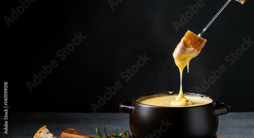 Cheese fondue in black pot with bread on fork against dark background