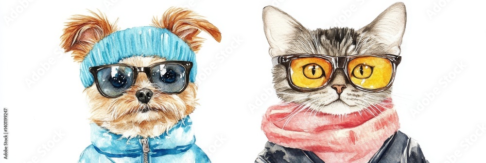 Fototapeta premium Stylish Pets in Winter Gear - Adorable watercolor painting of a dog and cat wearing winter accessories and sunglasses. Perfect for pet lovers and fashion enthusiasts