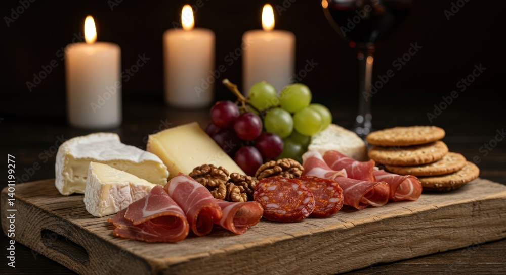 Still life with cheese meat grapes wine crackers and candles on wooden board.