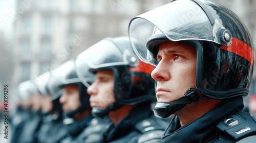 A line of riot police officers stand ready, showcasing their commitment and vigilance to their duty.