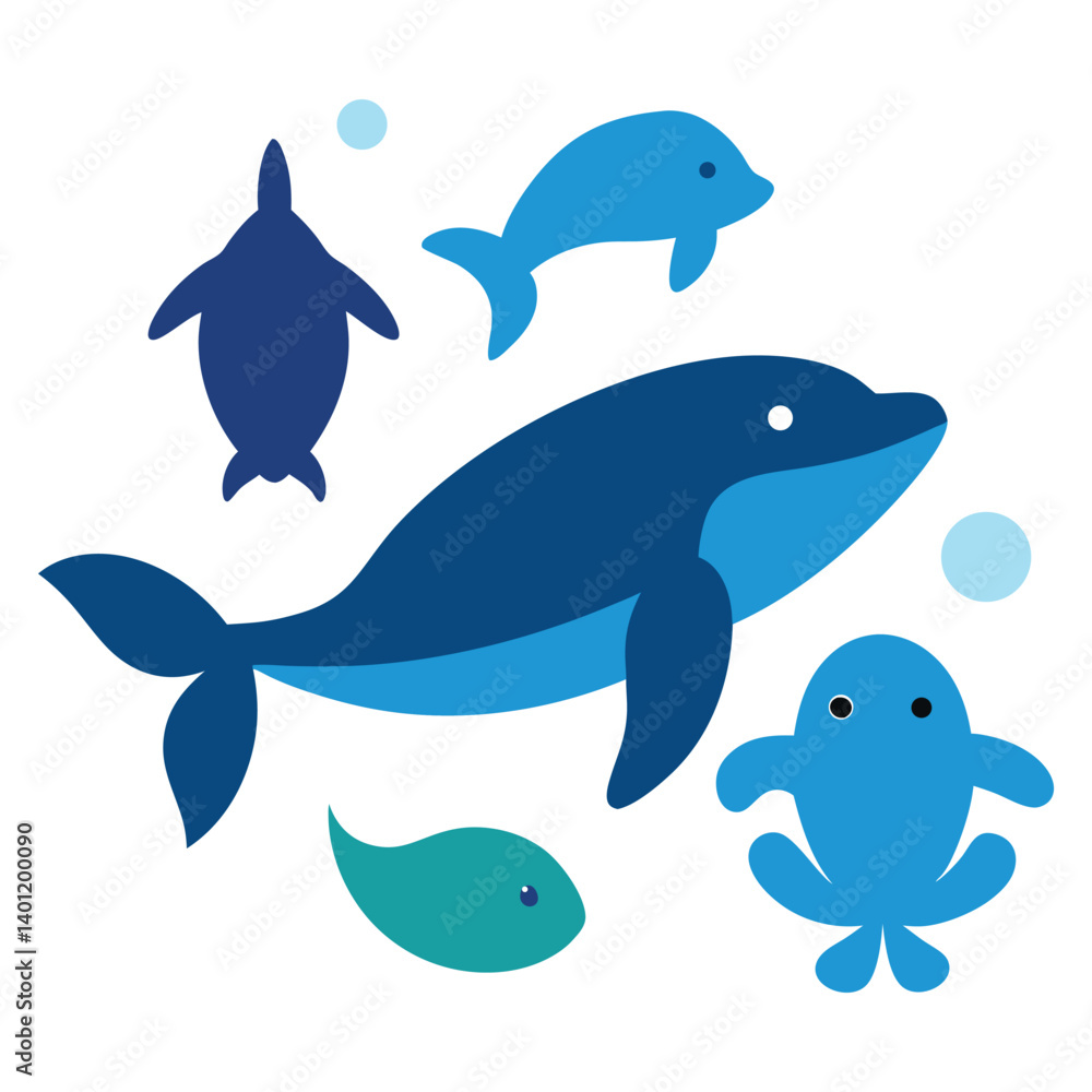 Marine life (fish, whales, turtles) vector on white background Marine life (fish, whales, turtles) vector on white background
