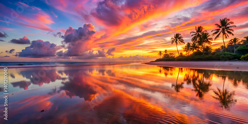 Pink and orange hues reflecting on a calm tropical beach