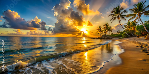 Sunrise casting golden light over a peaceful Caribbean shore