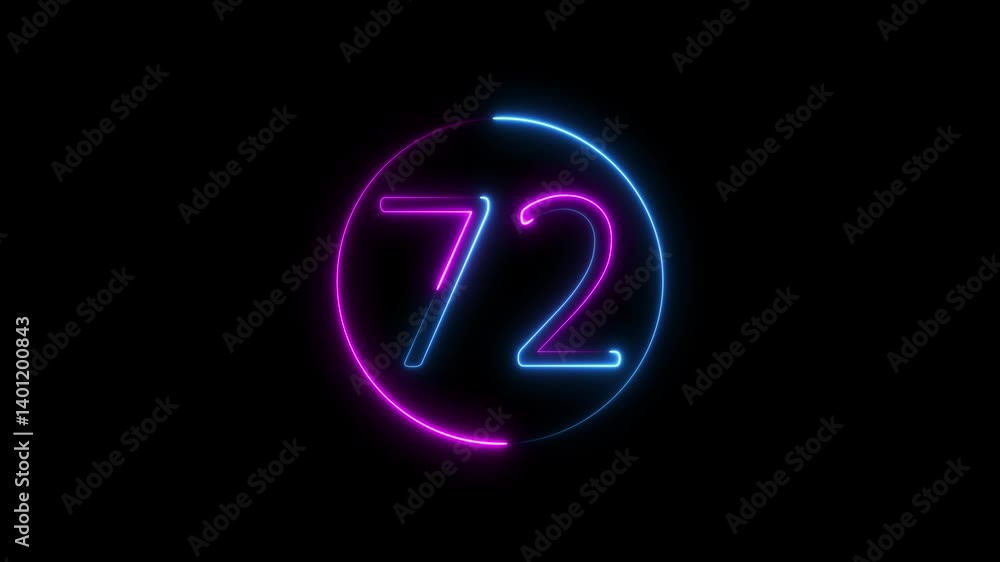 Abstract glowing neon text 72 number countdown icon. Educational mathematics 72 animation on black background. Abstract glowing neon text 72 number countdown icon. Educational mathematics 72 animation on black background.