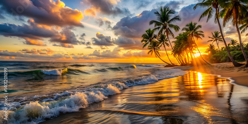 Sunset waves gently lapping against a palm-lined shore