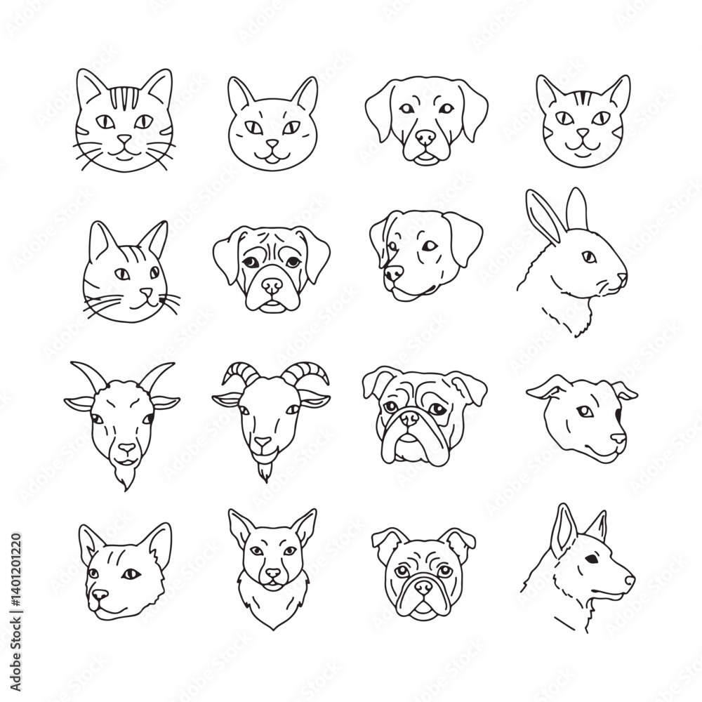 Obraz premium cute animal faces vector set outline design with cats dogs tiger lion wolf and deer illustrations