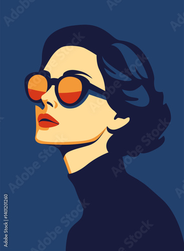 Fashionable charming brunette girl. Young beautiful fashion woman with sunglasses Abstract female face, contemporary design, vector illustration 