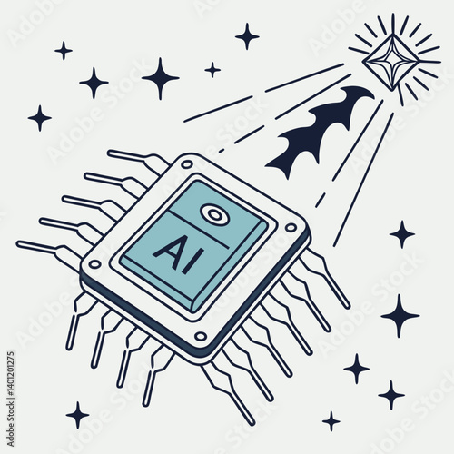 Holographic AI chip floating with sparkles around it