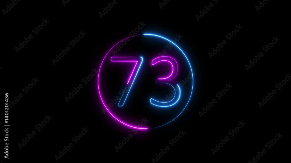 Abstract glowing neon text 73 number countdown icon. Glowing sign on black background Neon number 73 with alpha channel, neon numbers, Appears and disappears. Fiery style. 4k. Seamless loop Abstract glowing neon text 73 number countdown icon. Glowing sign on black background Neon number 73 with alpha channel, neon numbers, Appears and disappears. Fiery style. 4k. Seamless loop
