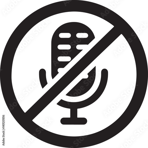 Black and white icon featuring a microphone crossed out within a circle suggests audio muting or prohibition of recording Its ideal for user interface and privacy concepts