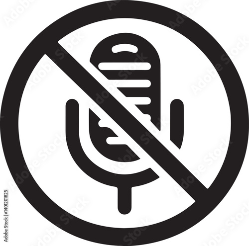 Black and white icon featuring a microphone crossed out within a circle suggests audio muting or prohibition of recording Its ideal for user interface and privacy concepts