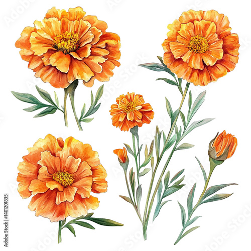 watercolor painting of marigold flowers in a botanical style