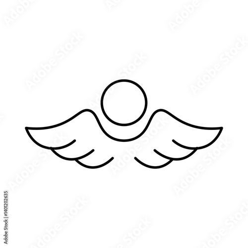 Simple black line drawing of angel wings with a circle symbolizing a head or halo, ideal for spiritual or symbolic designs. Angel icon. Vector illustration