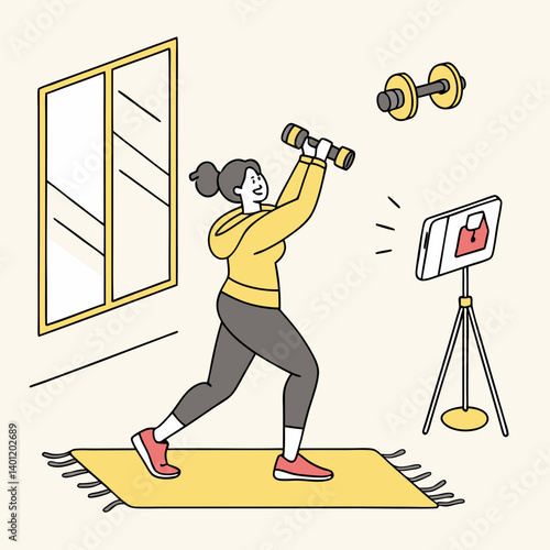 Fitness influencer emoji lifting dumbbells and recording workout