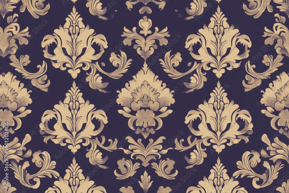 A decorative damask pattern in shades of gold and navy blue. A decorative damask pattern in shades of gold and navy blue.