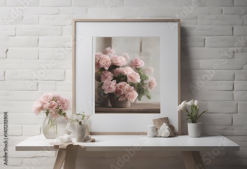 mock composition poster render brick interior flowers wall white 3d black shelf creative who floor closeup decoration canvas bookshelf concrete nobody what grey portfolio blank retro old template