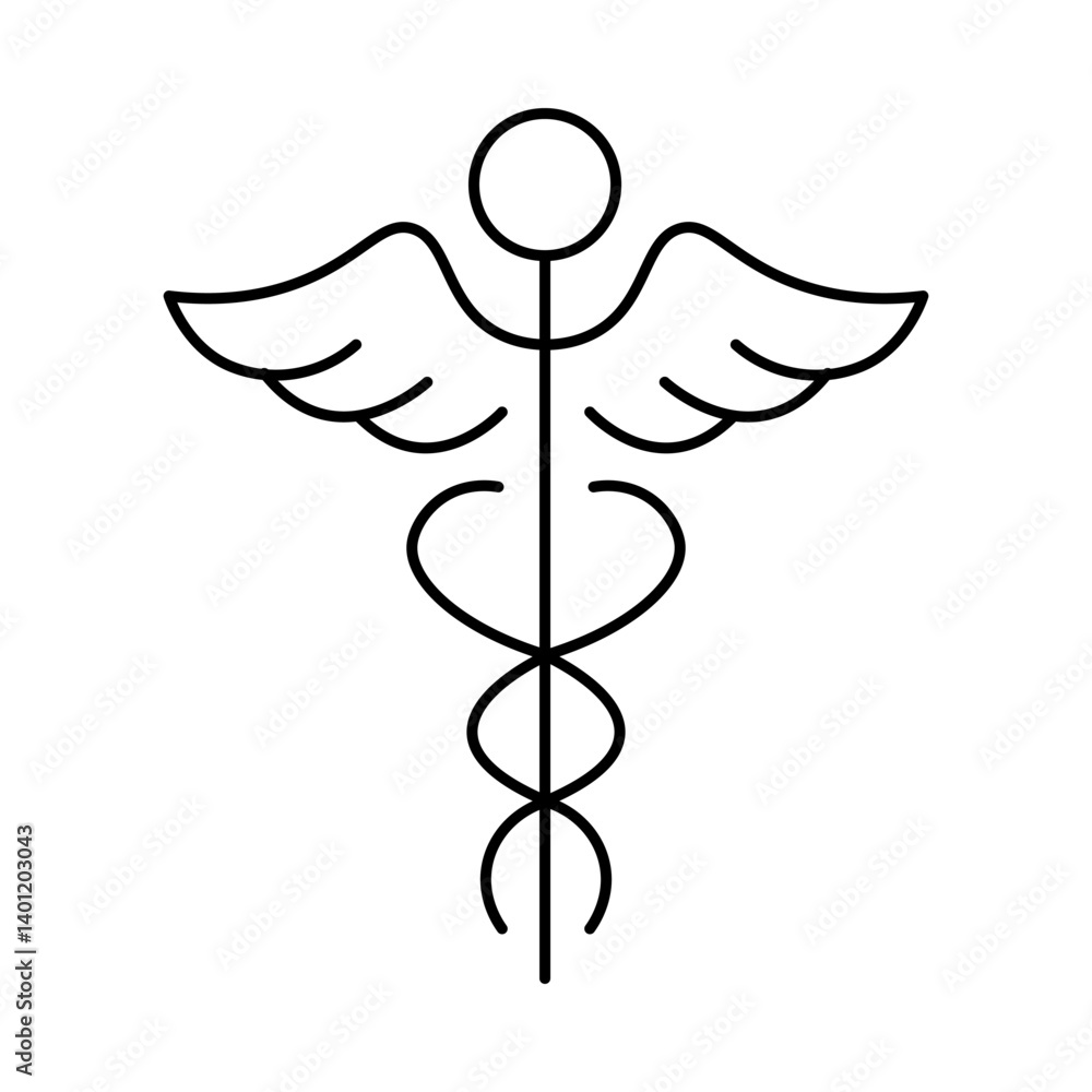 Minimalist black line icon of the caduceus symbol, featuring wings and snakes, commonly associated with healthcare and medicine. Caduceus symbol icon. Vector illustration
