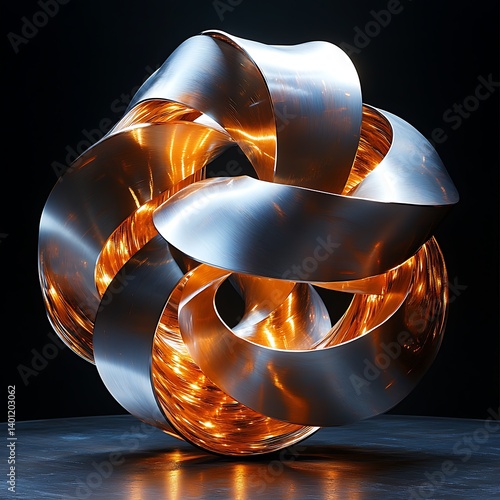 A minimalist yet striking arrangement of overlapping metallic ribbons in brushed silver and rose gold, forming an elegant spiral under cool, even lighting with subtle reflections.