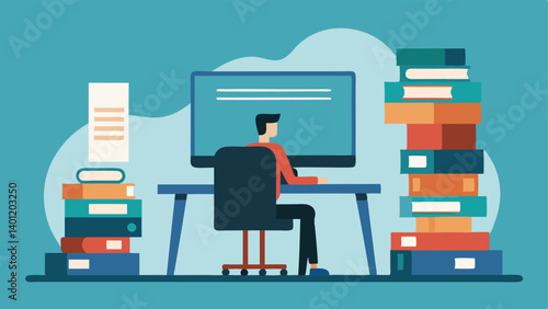 Office Adventure An office space features a gigantic desk overflowing with oversized papers and a massive computer monitor. A small person sits at a minuscule chair peering at the