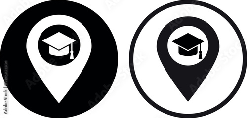 University location pin icon set in two styles . Map pointer with graduation cap icon . Vector illustration